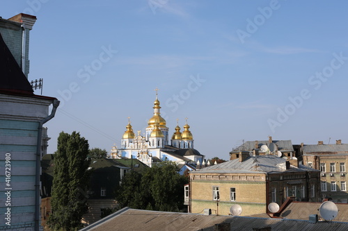 panoramic view with golden domes of ancient cathedral