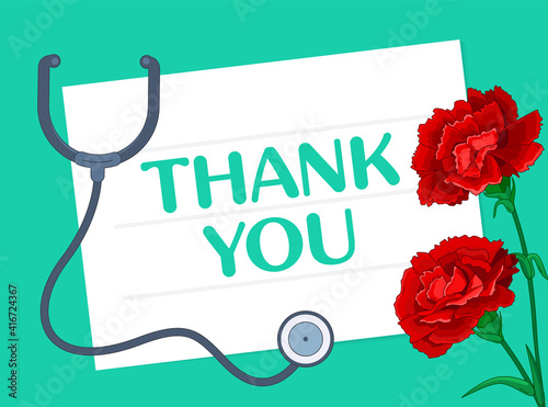 Greeting card with red carnations. Thank you doctors, nurses and medical staff. Vector illustration.