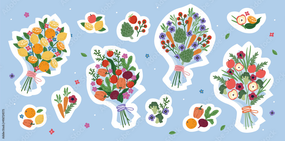 Set of stickers with botanical bouquets. Collection of fruits and vegetables. Modern illustration.