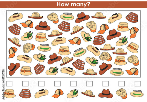 Count how many summer hats. Counting game for kids. Development of logical and mathematical skills. Tasks for children, educational children's game, a sheet for printing. Vector illustration.