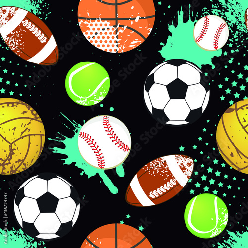 Seamless sport pattern with balls. Repeated backdrop for fashion clothes, t shirt, child, paper. Creative grunge design isolated on white