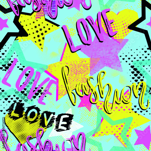 hand drawn fashion girls pattern. Colourful modern teenagers background with graffiti elements, stickers. girlish  print for textile, clothes, wrapping paper.