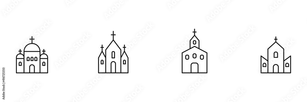 Church line icon set. Church outline black symbol. Holy place linear building sign collection. Vector isolated on white.