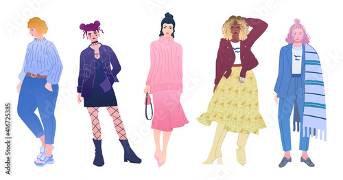 Modern women in autumn clothing. Young ladies wear trendy outfits or looks. Fashion bloggers in warm autumn jackets and sweaters, full body portraits. Stylish female outfits in modern style