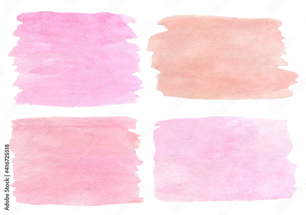 Watercolor pink brush strokes set. Hand painted pastel colored aquarelle backgrounds isolated on white. Template smears for text or decoration design.