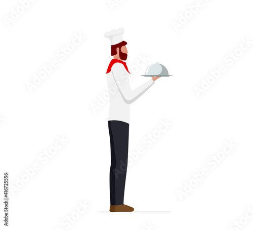 Elegant male chef in uniform and hat holding serving platter with dome. Restaurant or cafe high quality service concept. Vector flat illustration