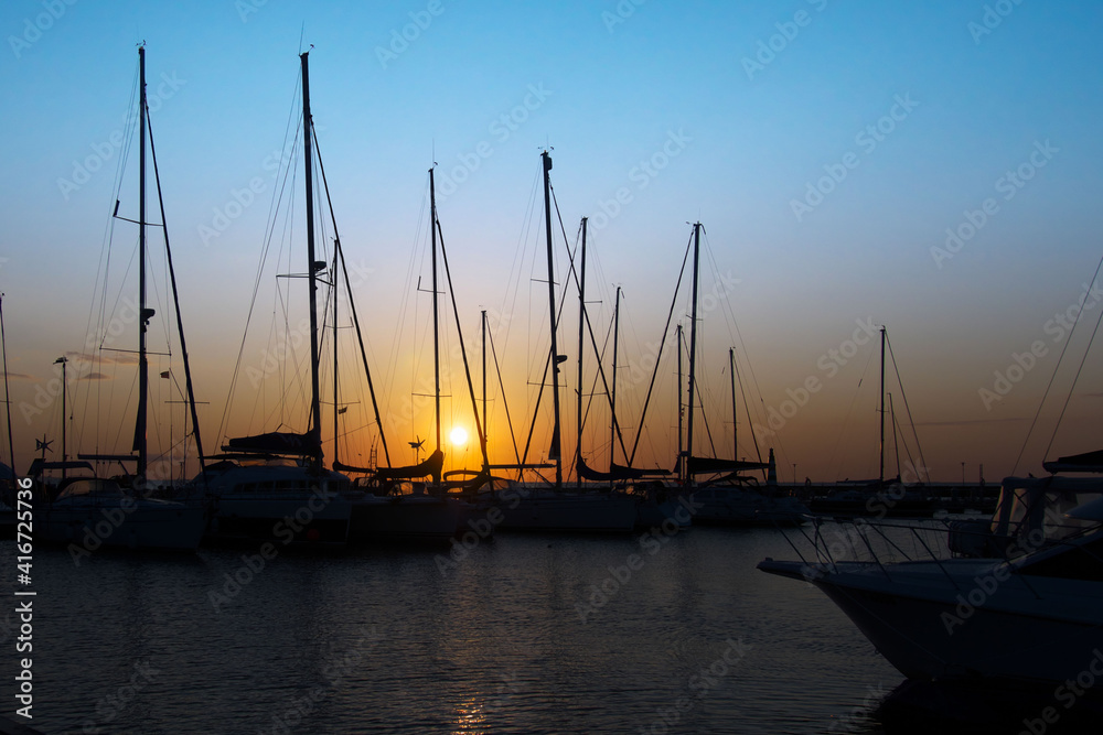 Yachts in the port at dawn. Nida, Lithuania.