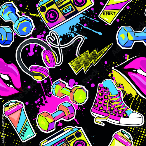hand drawn fashion girls pattern. Colourful modern teenagers background with graffiti elements, stickers. girlish  print for textile, clothes, wrapping paper.