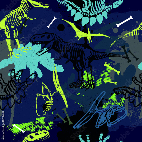 Seamless  Dino pattern, print for T-shirts, textiles, wrapping paper, web. Original design with t-rex,dinosaur skeleton.  grunge design for boys . 