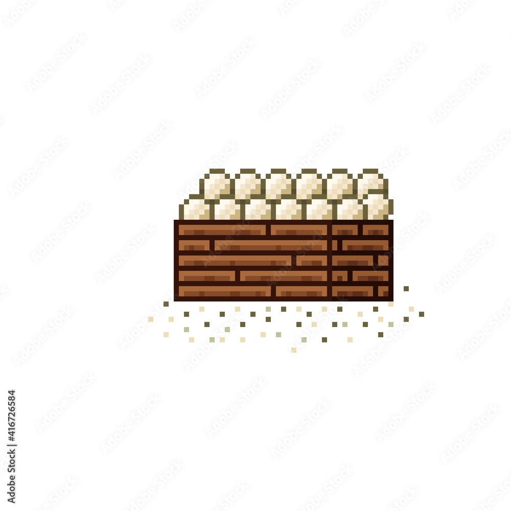 Vegetable shop pixel art. Mushrooms in a wooden crate. Mushrooms, food pixel art icon isolated on white background. Mushroom stall. Showcase with vegetable waste. Vector illustration. Vegetable shop pixel art. Mushrooms in a wooden crate. Mushrooms, food pixel art icon isolated on white background. Mushroom stall. Showcase with vegetable waste. Vector illustration.