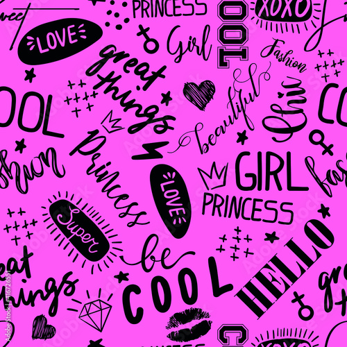 hand drawn fashion girls pattern. Colourful modern teenagers background with graffiti elements, stickers. girlish  print for textile, clothes, wrapping paper.