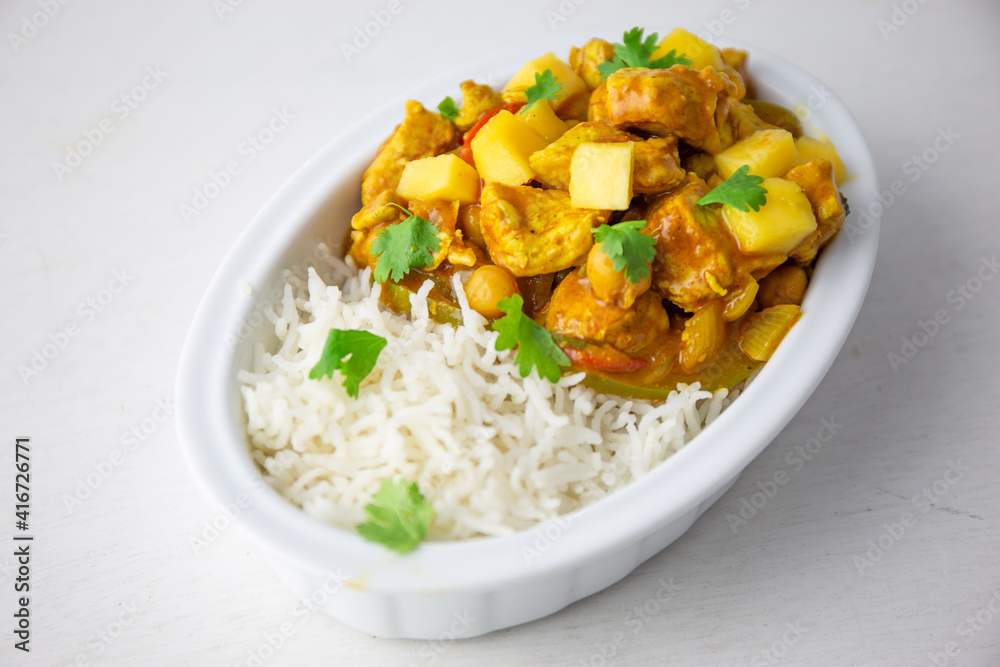 Homemade Mango Coconut Curry Chicken with White Rice and Garlic Naan Flatbread Homemade Mango Coconut Curry Chicken with White Rice and Garlic Naan Flatbread