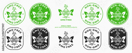 Concept for product packaging. Labeling - GMO-free. Genetic engineering scientific flask icon with microorganism - genome and wings - leaves - symbol of natural ingredient. Vector set.