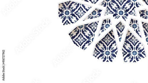 Moving traditional blue arabic pattern. Arabesque through white silhouette of star shaped ornamental mosque window. White background. Ramadan, Eid ul Fitrs graphic animation, loopable Islamic design.