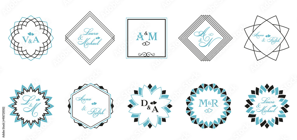 Set of decorative frames. Round, rhombic and square templates for wedding invitations or other celebrations. Set of decorative frames. Round, rhombic and square templates for wedding invitations or other celebrations.