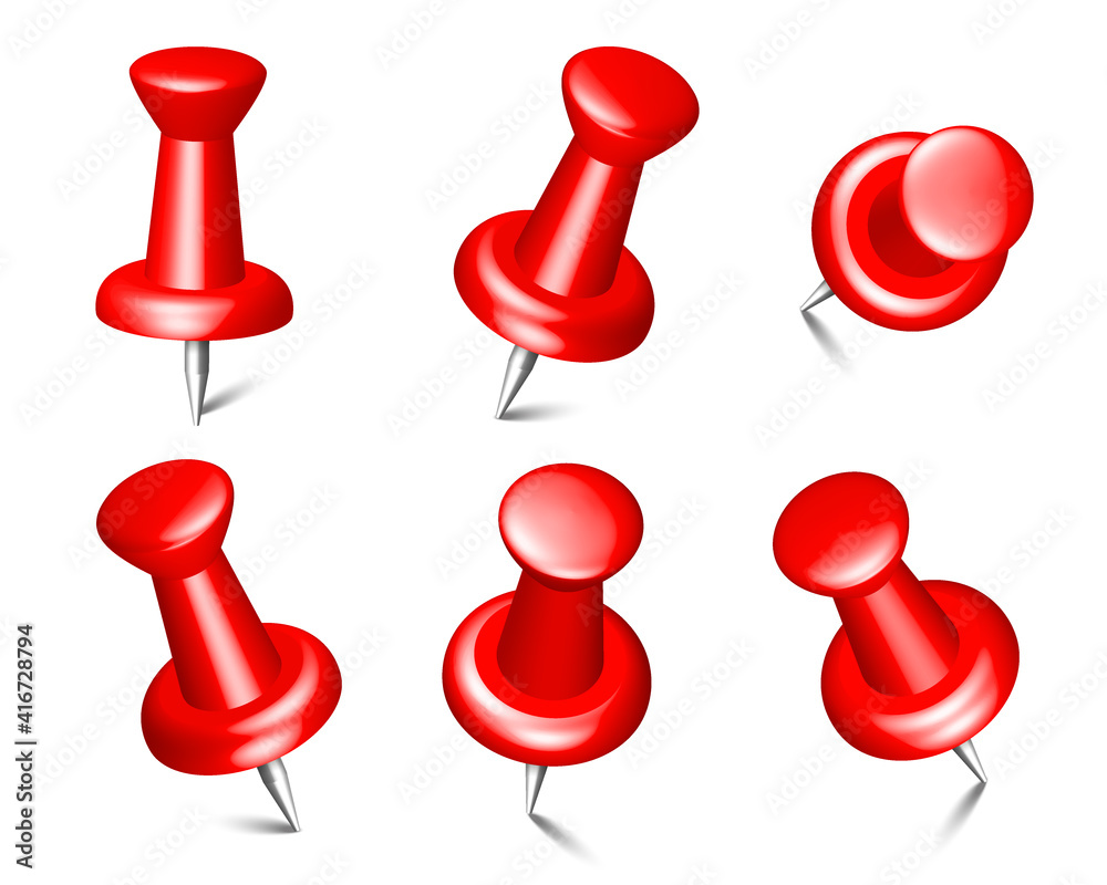 Collection of isolated red push pins. 3d thumbtacks set, sewing needles or tacks for paper and notes on white background in top view, front view, close up. Vector EPS10 Collection of isolated red push pins. 3d thumbtacks set, sewing needles or tacks for paper and notes on white background in top view, front view, close up. Vector EPS10