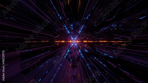Bright neon lines in dark tunnel on 3d illustration