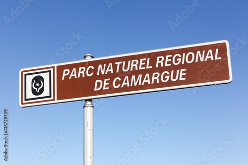 Regional natural park of Camargue road sign called parc naturel regional de Camargue in french language © Ricochet64