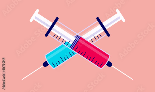 Syringes vector illustration - Two syringes forming cross, red and blue colour.