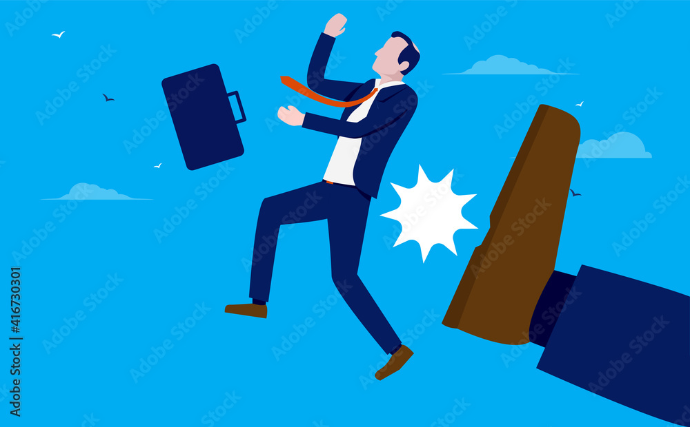 Man getting fired - Businessman flying trough air after being kicked in the back. Vector illustration. Man getting fired - Businessman flying trough air after being kicked in the back. Vector illustration.