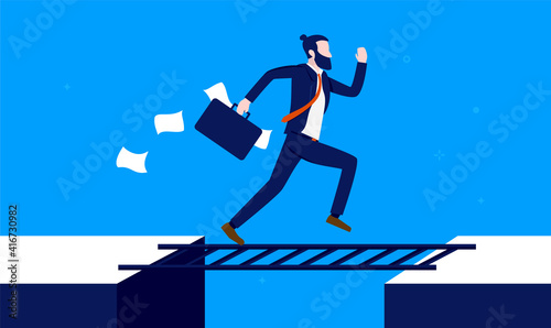 Overcome business obstacle fast - Businessman running over ladder bridging a gap. Quick solutions and problem solving concept. Vector illustration.