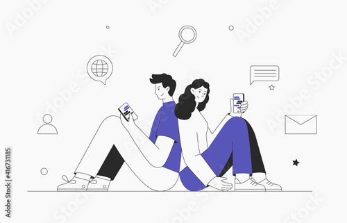 Virtual relationships, concept online dating and communication. Young man and woman hold phone and write messages. Social icons. Modern flat outline style.