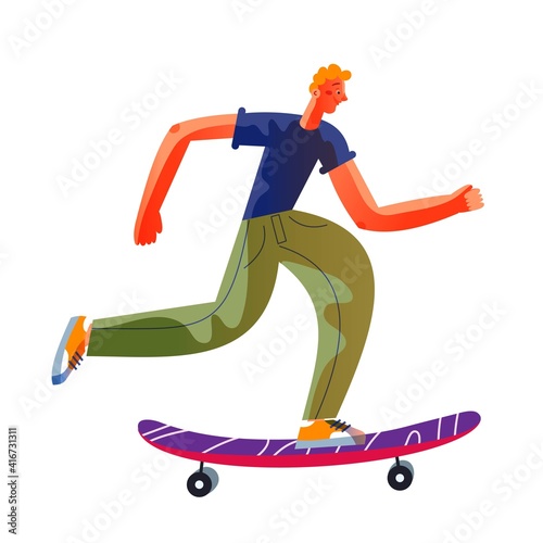 Young man riding on skateboard. Happy boy skating on board with speed, isolated on white background. Recreation at skatepark playground vector illustration. Modern youth leisure