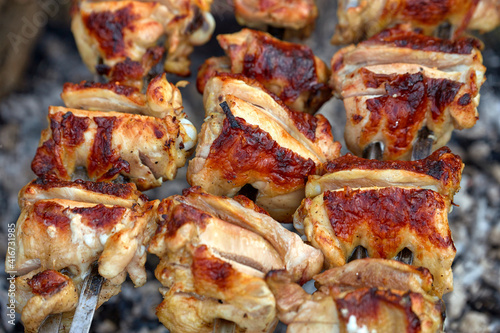 Chicken kebab, outdoors, on a homemade grill, close-up