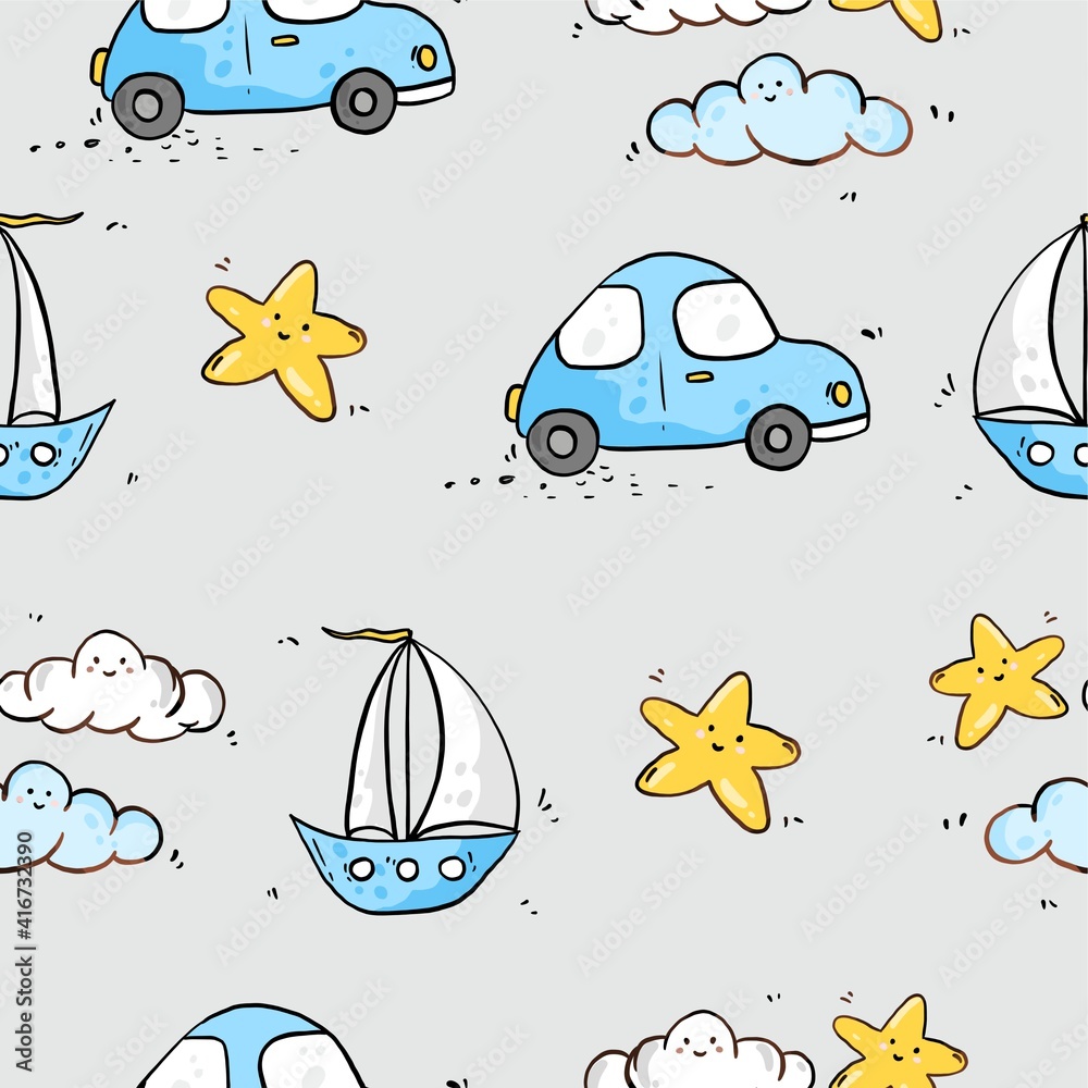 Naklejka premium Grey background machine sailboat blue clouds yellow star pattern paper digital paper scrapbook paper fabric pattern textile pattern baby pattern seamless texture