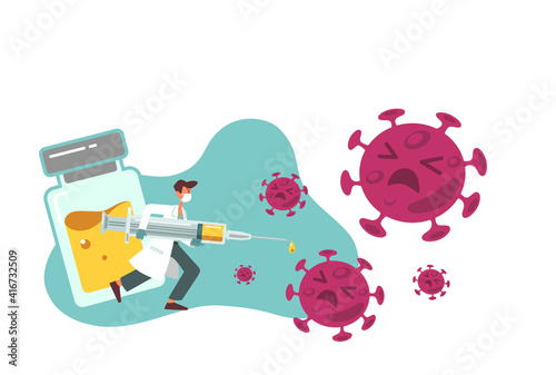 Doctor wearing sanitary mask grabbing vaccine syringe in his hand to fight the corona virus with vaccine bottle background flat vector illustration.