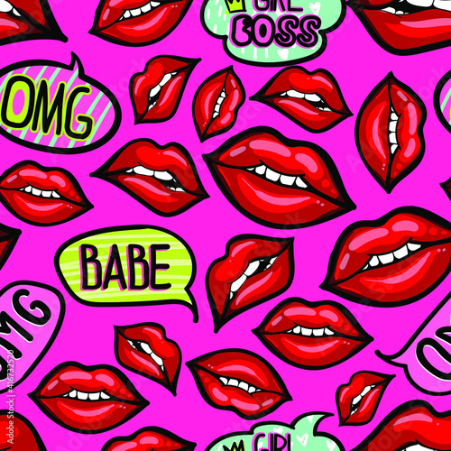 hand drawn fashion girls pattern. Colourful modern teenagers background with graffiti elements, stickers. girlish  print for textile, clothes, wrapping paper.