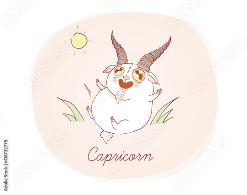 Illustration of Capricorn as a cute goat. Cartoon style. Zodiac vector illustration for kids. One of 12  in collection for your design of astrology calendar or horoscope