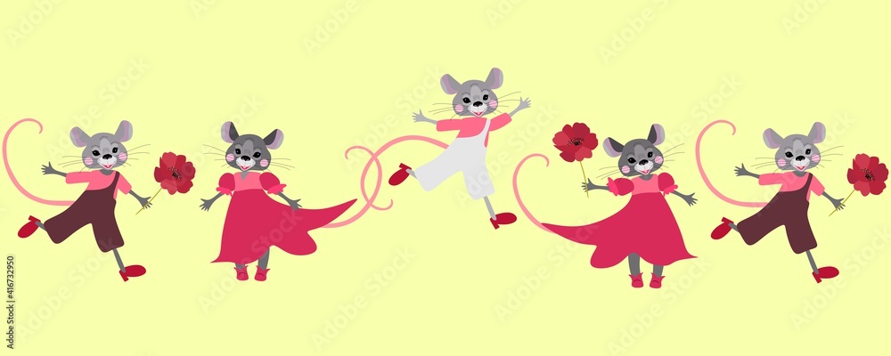 Endless border with cute cartoon mouses on light yellow background.