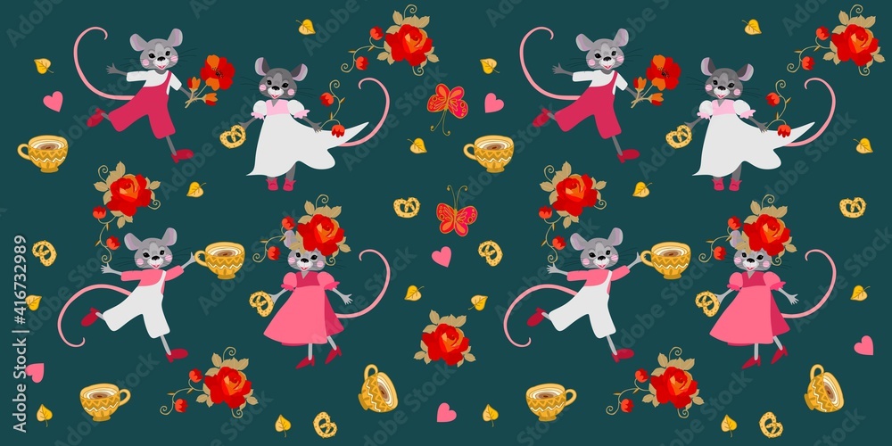 Endless pattern with cheerful mice,  tea cups, cookies, hearts, leaves, butterflies and red rose flowers isolated on dark green background. Print for fabric for baby.