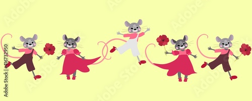 Endless border with cute cartoon mouses on light yellow background.