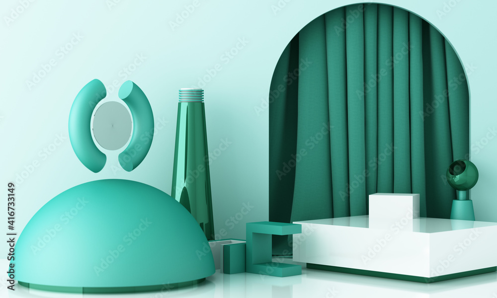 Minimal scene with podium and abstract background. Pastel green yellow and white scene. Trendy for social media banners, promotion, cosmetic product show. Geometric shapes interior 3d render Minimal scene with podium and abstract background. Pastel green yellow and white scene. Trendy for social media banners, promotion, cosmetic product show. Geometric shapes interior 3d render