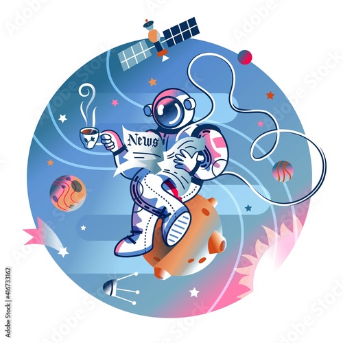 Funny astronaut reading newspaper with cup of coffee in space. Man flying with open paper in spacesuit. Space exploration fun entertainment vector illustration. Cosmonaut in universe