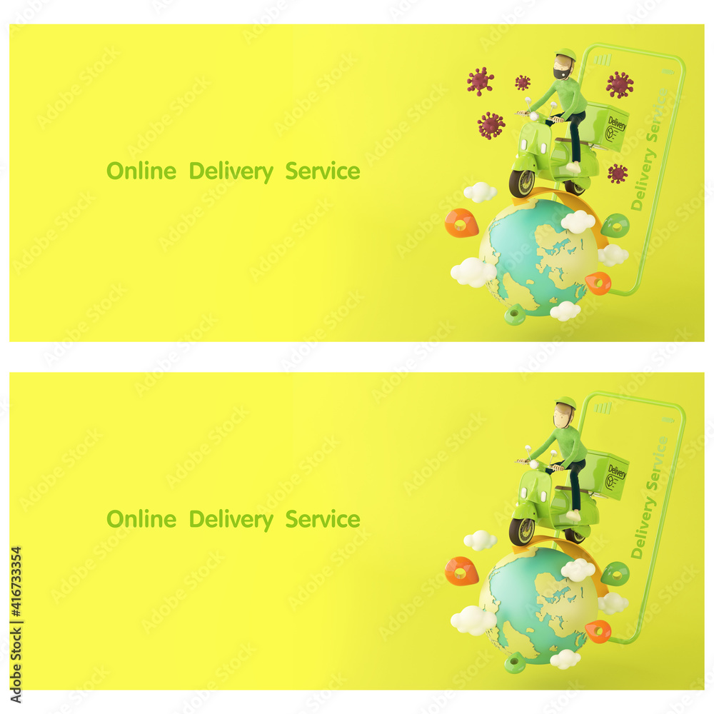 Online Delivery Service 3D Graphic Design Messenger Wearing Mask with Filter, Helmet, Green Long Sleeve and Jean Riding on Motorcycle with Delivery Box  Flying Through Directional Sign and Globe Below