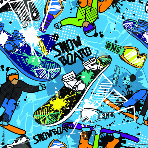 Bright seamless pattern with boy on snowboards. Sport winter background. Pattern for sportswear, textiles, wrapping paper and more. 