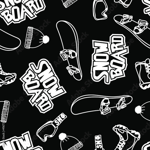 Bright seamless pattern with boy on snowboards. Sport winter background.  Pattern for sportswear, textiles, wrapping paper and more.
