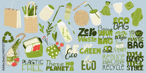 Zero waste elements and slogan collection. Eco friendly stickers and lettering. Reusable items products bundle. Sustainable living. Environmental Awareness. Vector illustration in flat cartoons design