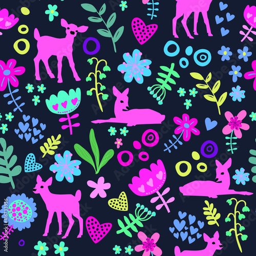 Cute seamless pattern with roe and flowers. Girlish background for children. Pattern for textile, clothing, wrapping paper.
