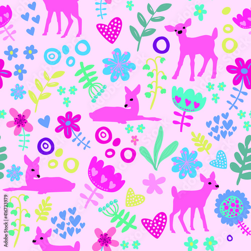 Cute seamless pattern with roe and flowers. Girlish background for children. Pattern for textile  clothing  wrapping paper. 