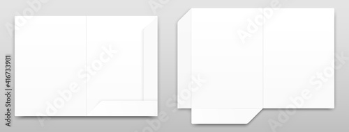 Set of realistic A4 size office folder for documents. Open empty white folders with shadow isolated on grey background. Mock up template for your design. Vector illustration