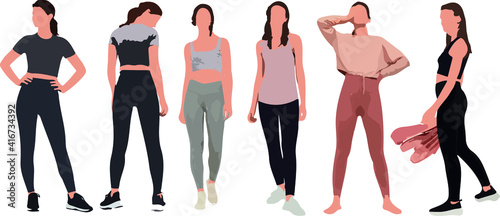 Set of women standing and wearing yoga pants, in various poses, cartoon character, people, business, group, vector silhouette, flat design icon, different colors, isolated on white background 