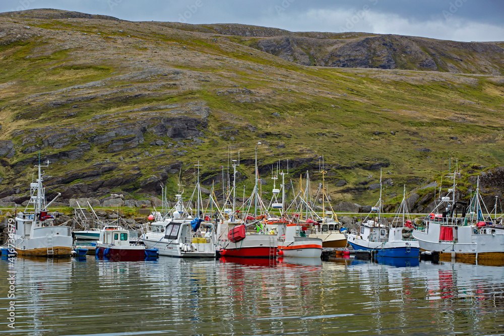 Traditional Norwegian fishing boats standing in the harbour