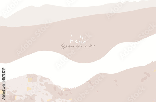 New collection Summer chic banner template, brush stroke pink beige shades and gold foil touch landscape abstract modern background. 