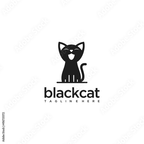 Black Cat sitting smiling Logo design vector template