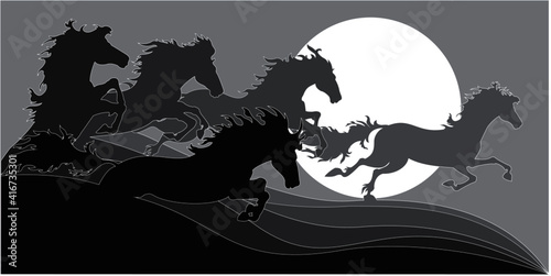 Vector silhouette of running horses under the sun at sunset.