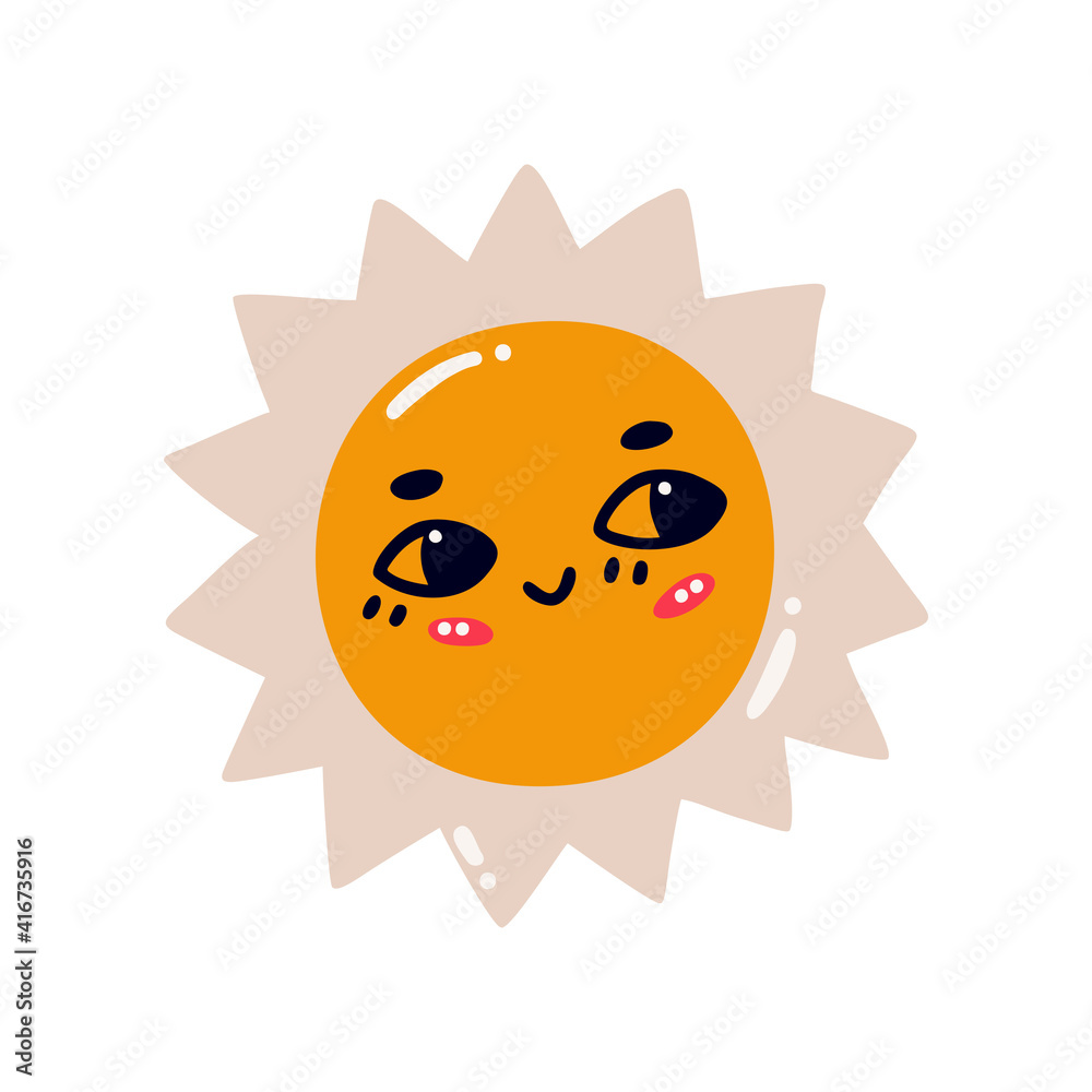 Cute character-the sun. Illustration of the sun in a cartoon style. Flat vector illustration isolated on a white background